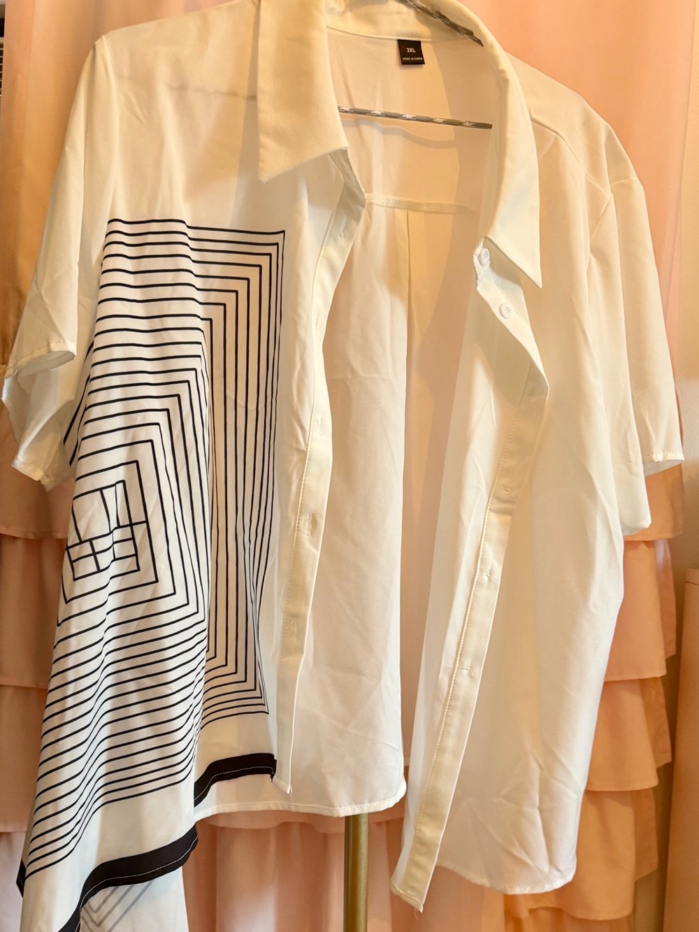Women's White Button-Up Top with Black Geometric Print